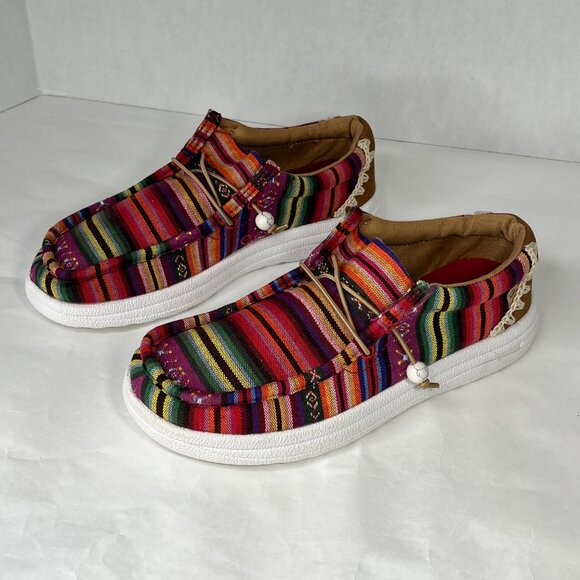 Lamo Womens Paula Casual Slip-On Shoes W8 Multicolor Striped Canvas & Suede Comf - Picture 3 of 6